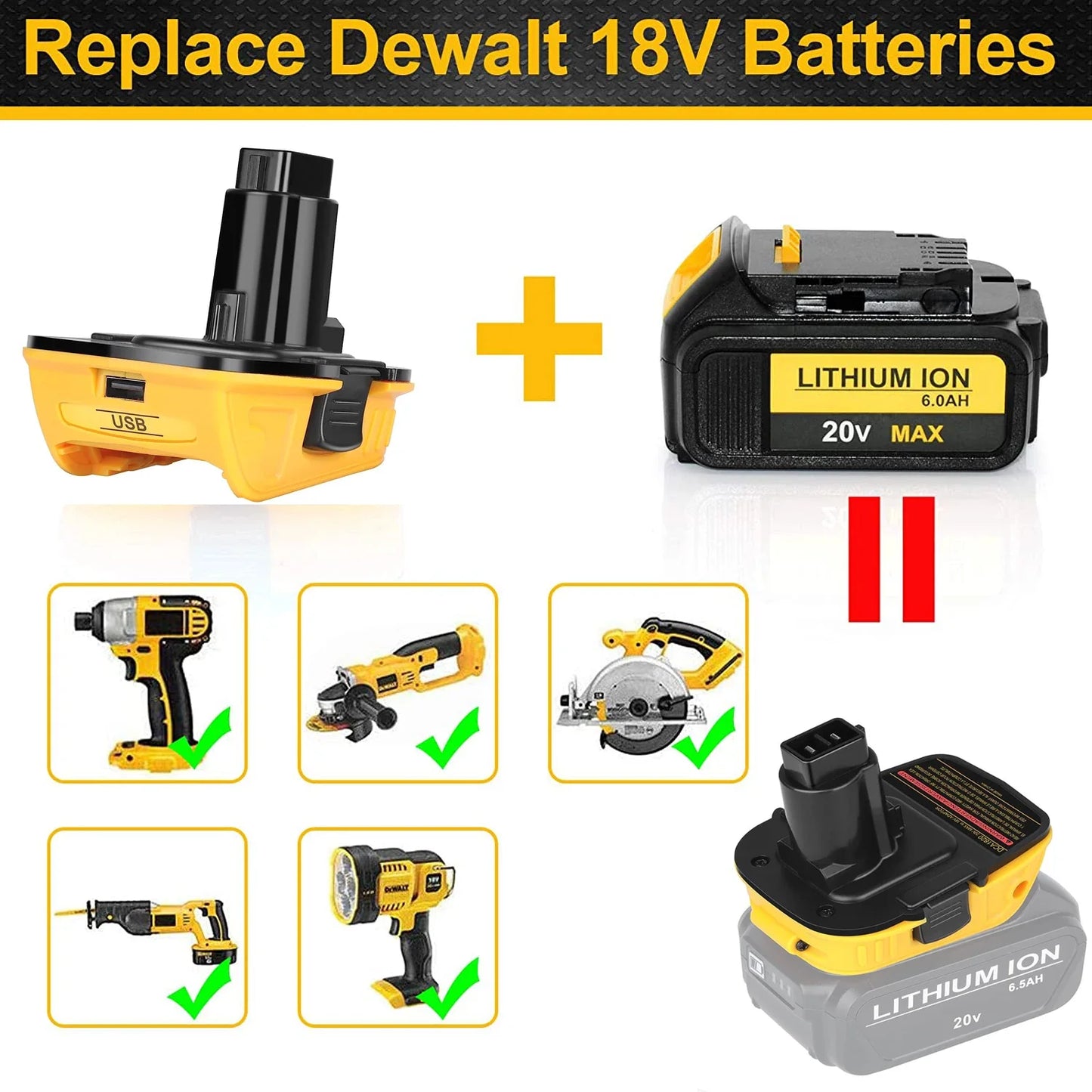 2X 18V to 20V MAX DCA1820 Adapter Converter for DEWALT 20 Volt Li-Ion Battery