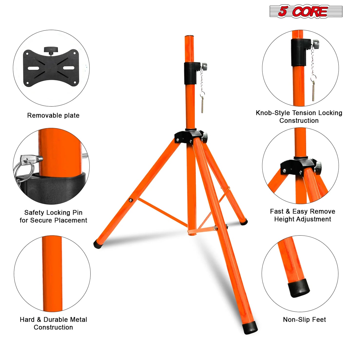 5 Core Speaker Stand Tripod Floor Adjustable up to 48 Inch DJ Studio Monitor Stands Pole Mount Pair ORANGE