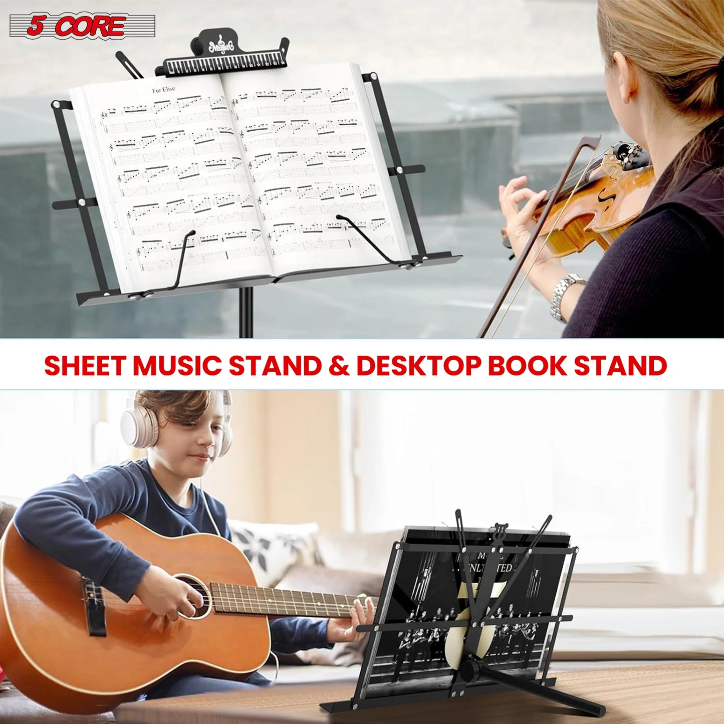 5Core Music Stand for Sheet Music Portable Tripod Adjustable Folding Note Holder BLACK