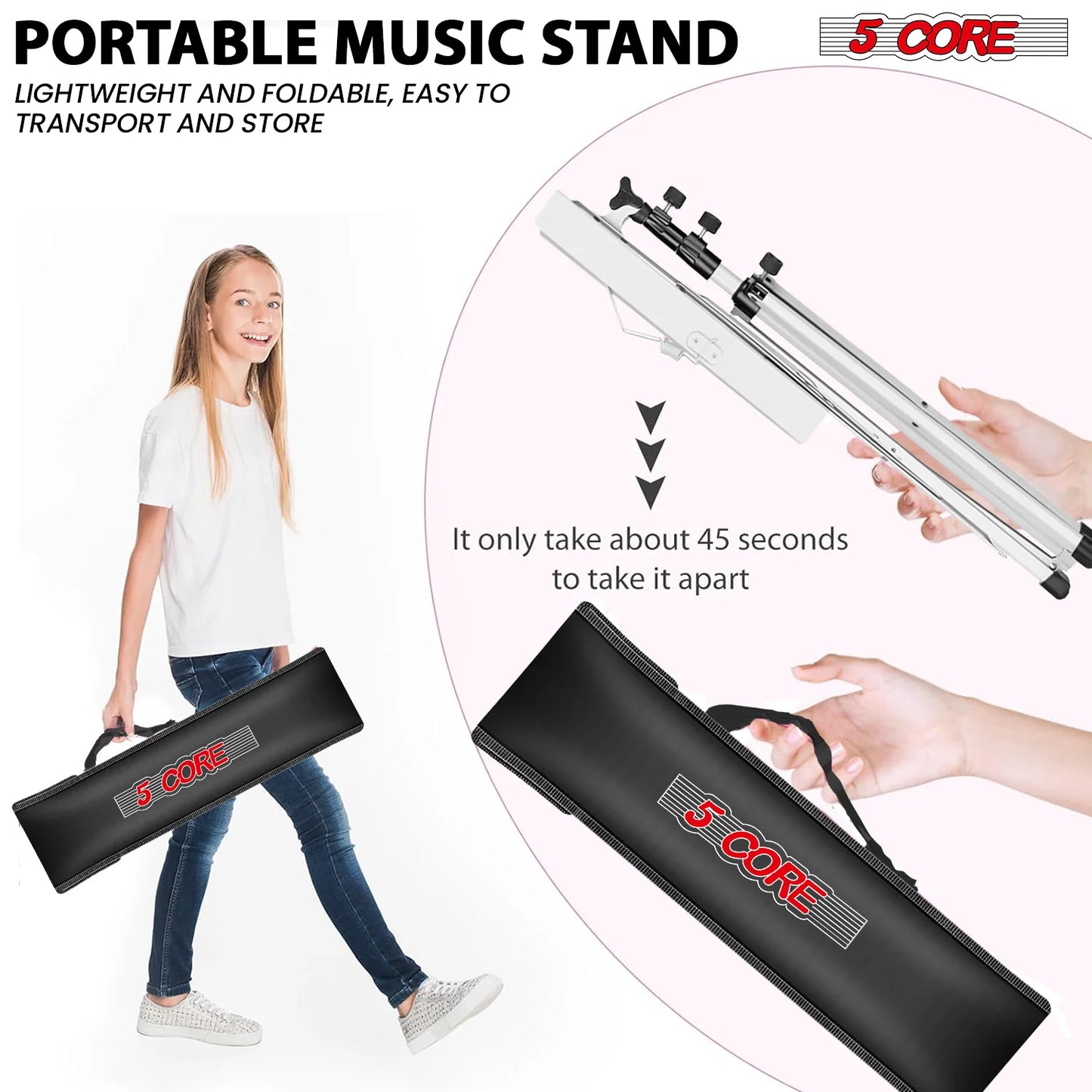 5Core Music Stand for Sheet Music Portable Tripod Adjustable Folding Note Holder with Light White