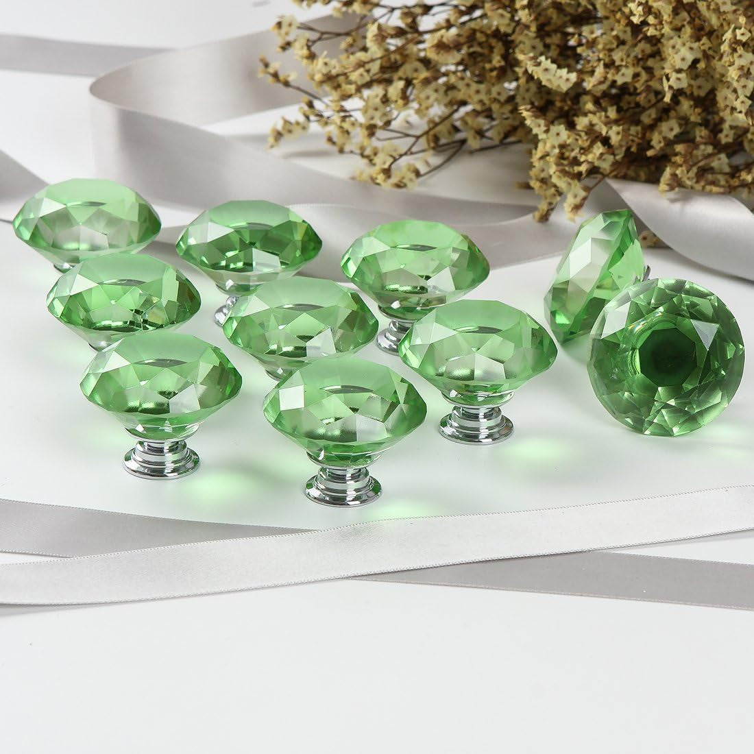 10 PCS Diamond Crystal Glass Pull Handle Cabinet Knobs Cupboard Drawers Cabinet Dresser Bookcase Wardrobe (40Mm, Green)