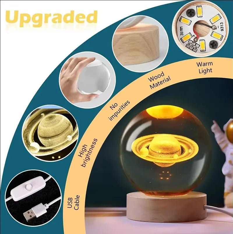 Luminous Crystal Ball LED Night Light Saturn Solar System 3D Moon Table Lamp USB Bedroom Atmosphere Lamp for Birthday Kid Gift