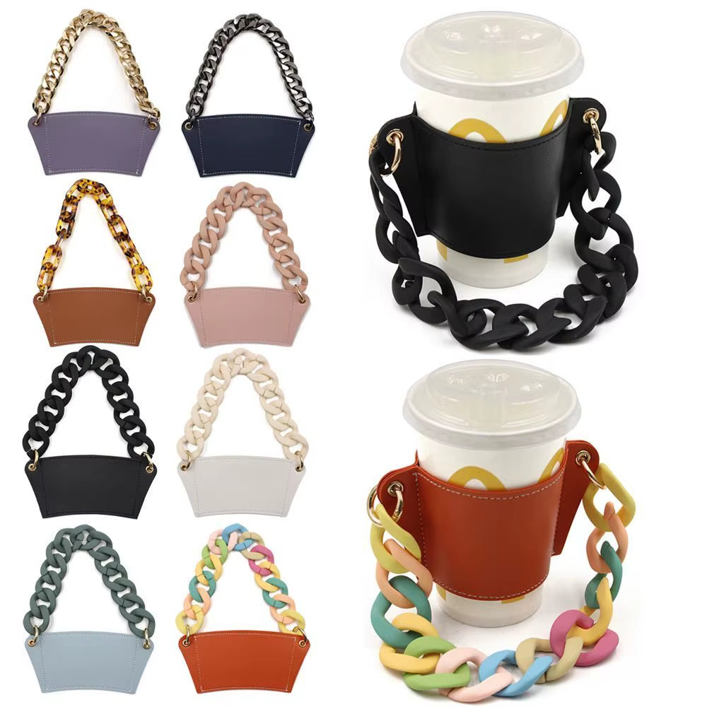 Reusable with Chain Travel Eco-Friendly Drink Case Bag Coffee Sleeve Bottle Cover PU Leather Cup Holder