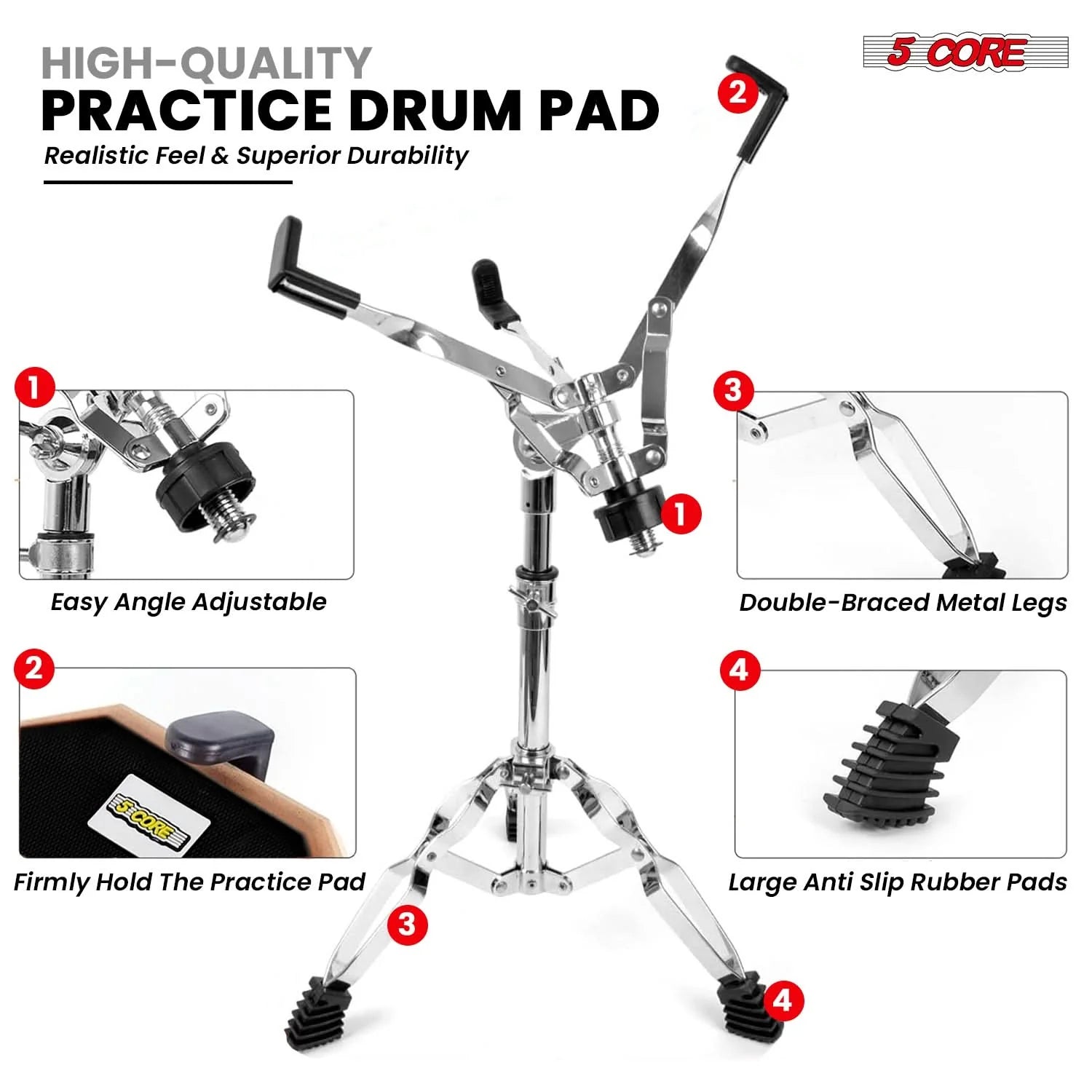 5 Core Drum Practice Pad Set 12" Adjustable Snare Drumming Stand Double Sided Silent Drummer Kit