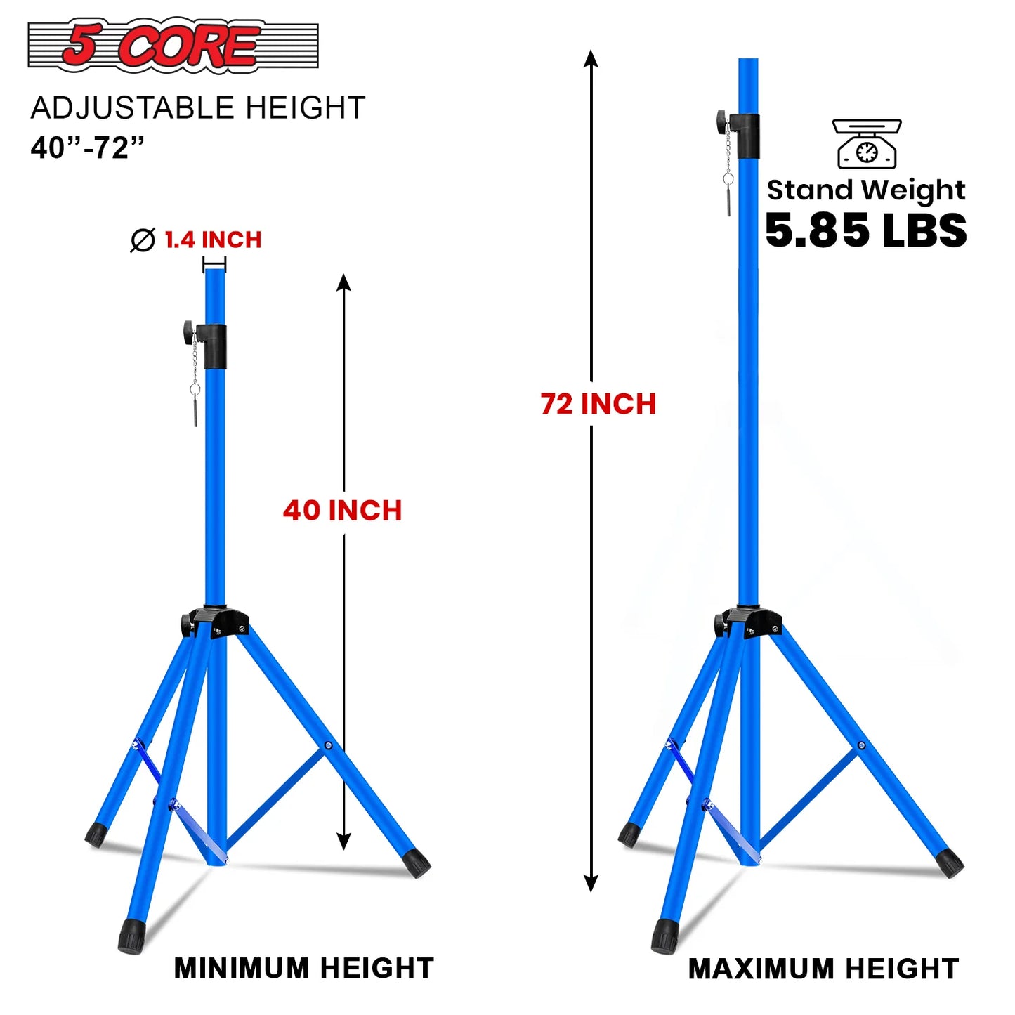 5Core Speaker Stand Tripod Tall Adjustable 72 Inch DJ Pole Mount Studio Monitor Stands SKY BLUE