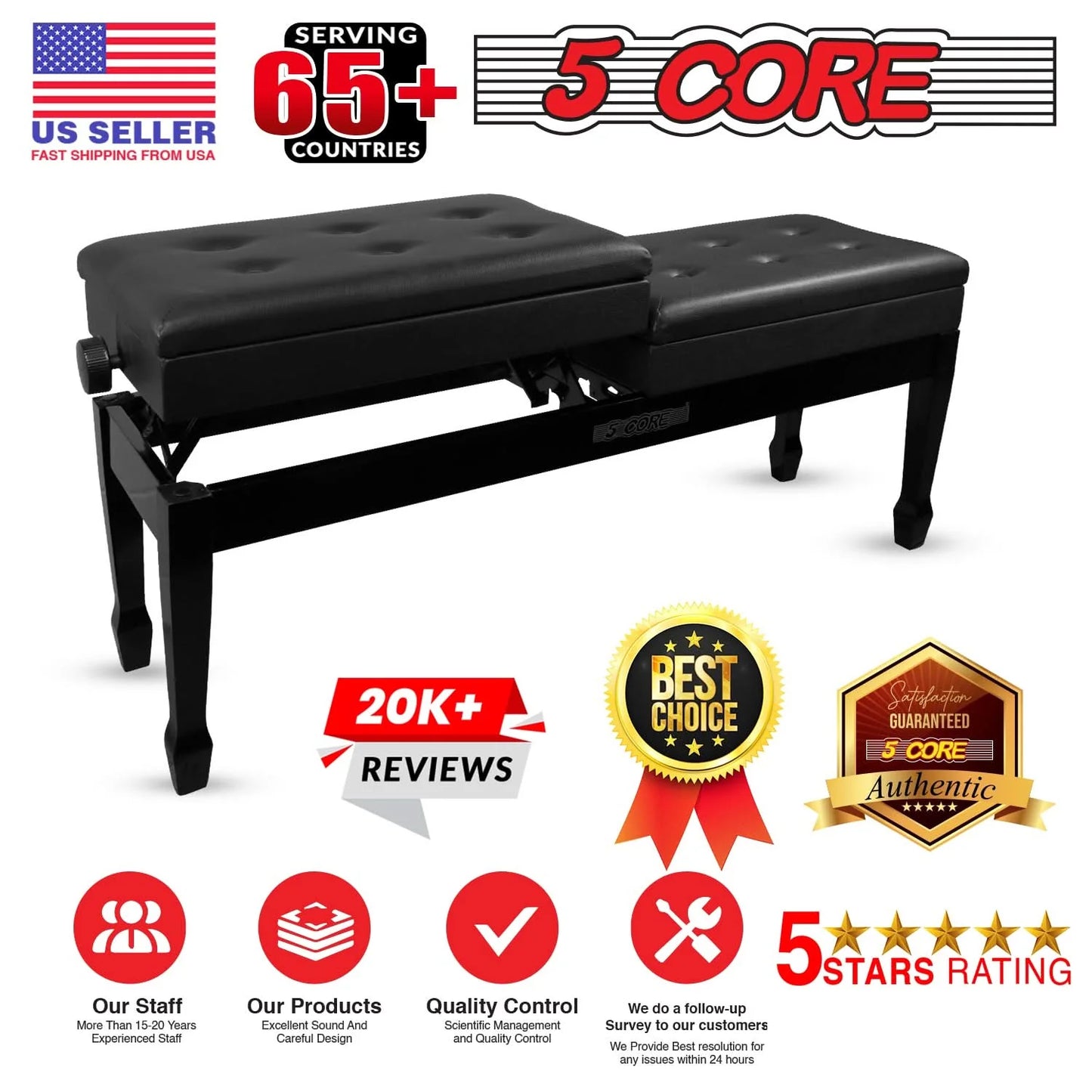 5CORE Duet Piano Bench W Storage for Two Wooden Adjustable Keyboard Stool - Adults & Kids