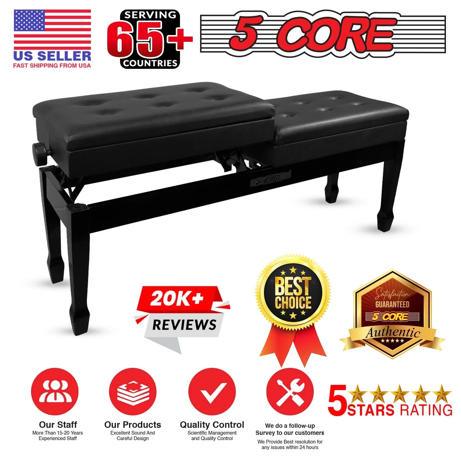 5CORE Duet Piano Bench W Storage for Two Wooden Adjustable Keyboard Stool - Adults & Kids