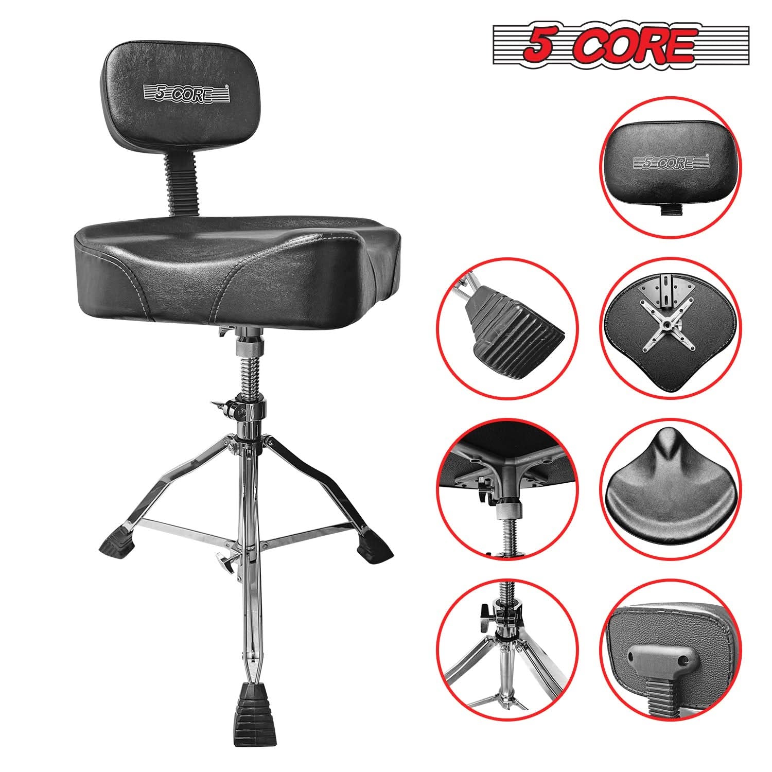 5Core Drum Throne Padded Guitar Stool Backrest Drummer Seat for Adults & Kids BLACK