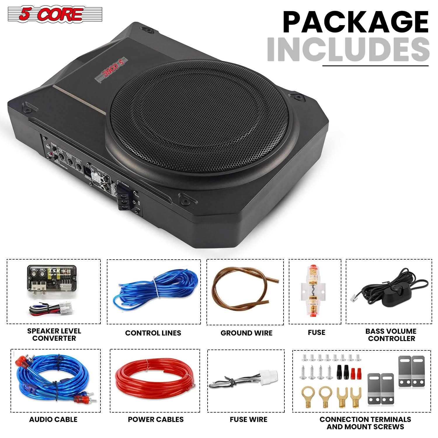 5Core 10 Inch Slim under Seat Car Audio Subwoofer 800W Built in Amplifier Sub Woofer Enclosure Box