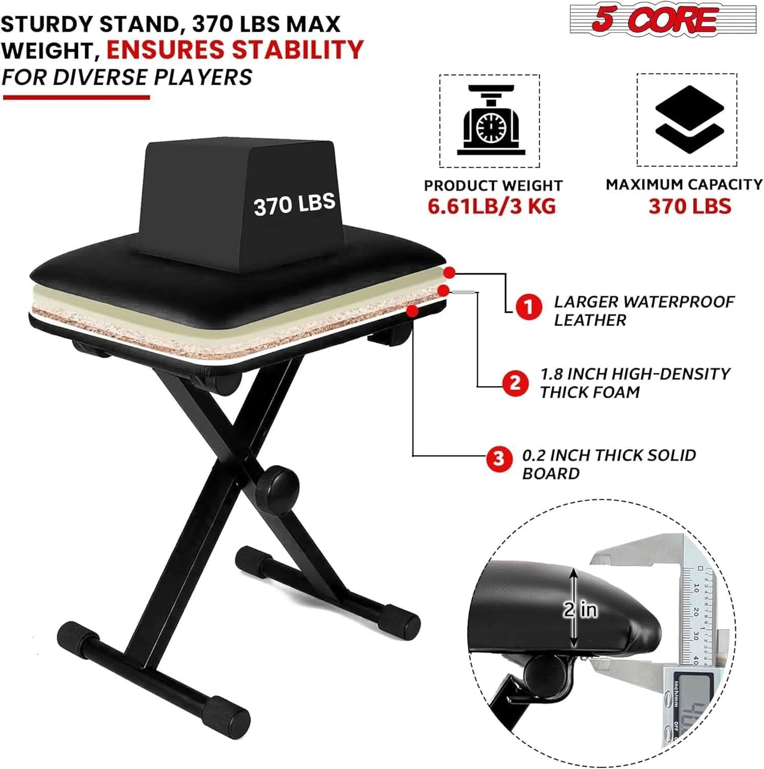 5Core Keyboard Stand Single X Style Adjustable Piano Riser + Keyboard Piano Bench