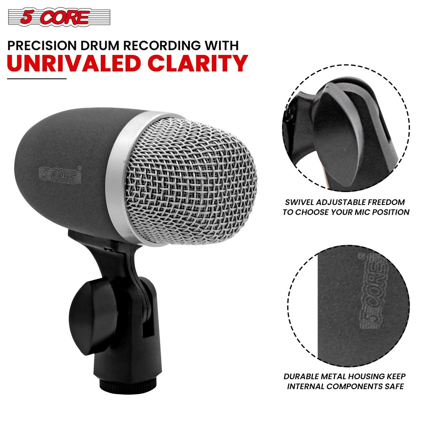 5 Core Snare Microphone XLR Wired Uni Directional Tom Drum and Other Musical Instrument Mic GRAY