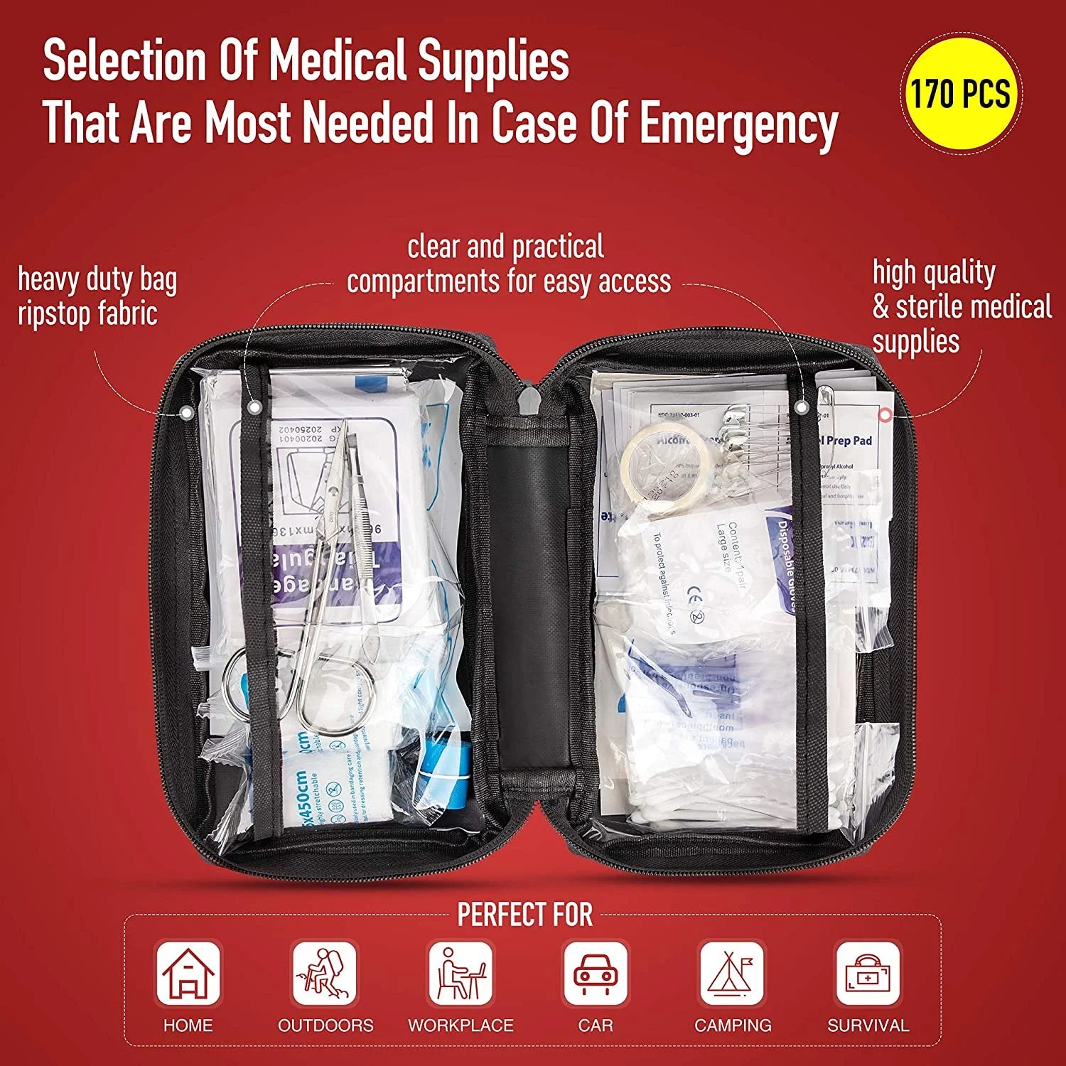 Waterproof Emergency First Aid Kit, 170 Piece