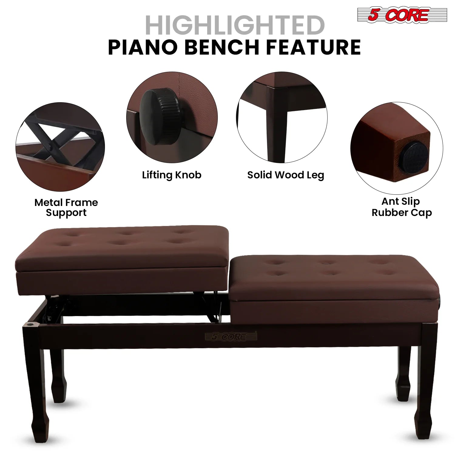 5CORE Duet Piano Bench W Storage for Two Wooden Adjustable Keyboard Stool - Adults & Kids