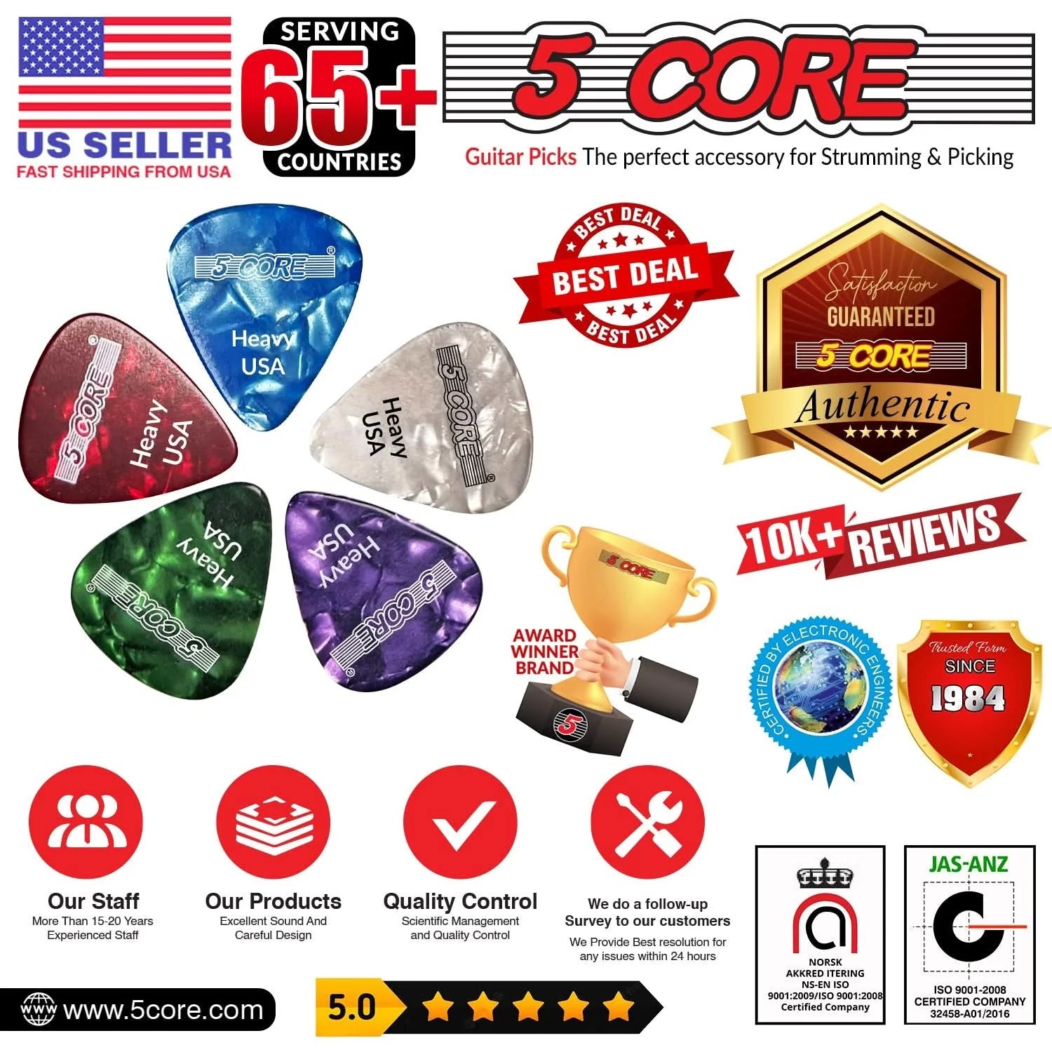 5Core Guitar Picks 0.96Mm Celluloid Heavy Gauge Pick - Acoustic Electric Bass Guitars PURPLE