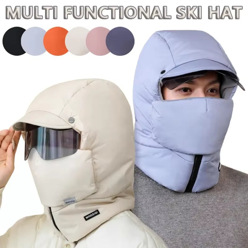 2024 Men Women Winter down Cotton Thick Warm Integrated Ear Protection Hat Outdoor Cycling Caps Windproof Neck Protection Hats