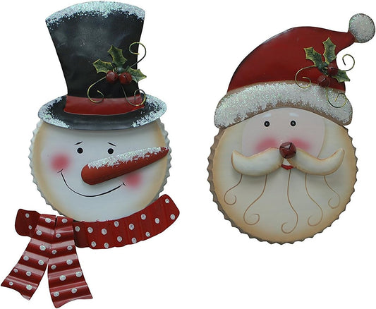 Metal Christmas Santa Snowman Hanging Sign Christmas Wall Decoration Set of 2 (14.5"X9.5"X1.5")