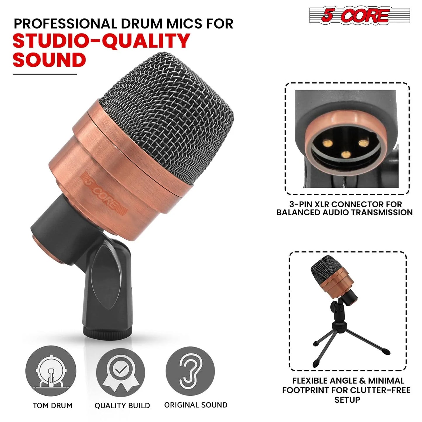 5Core Conga Mic Snare Tom Microphone Drum Kit Condenser XLR Instrument Mics Copper XP