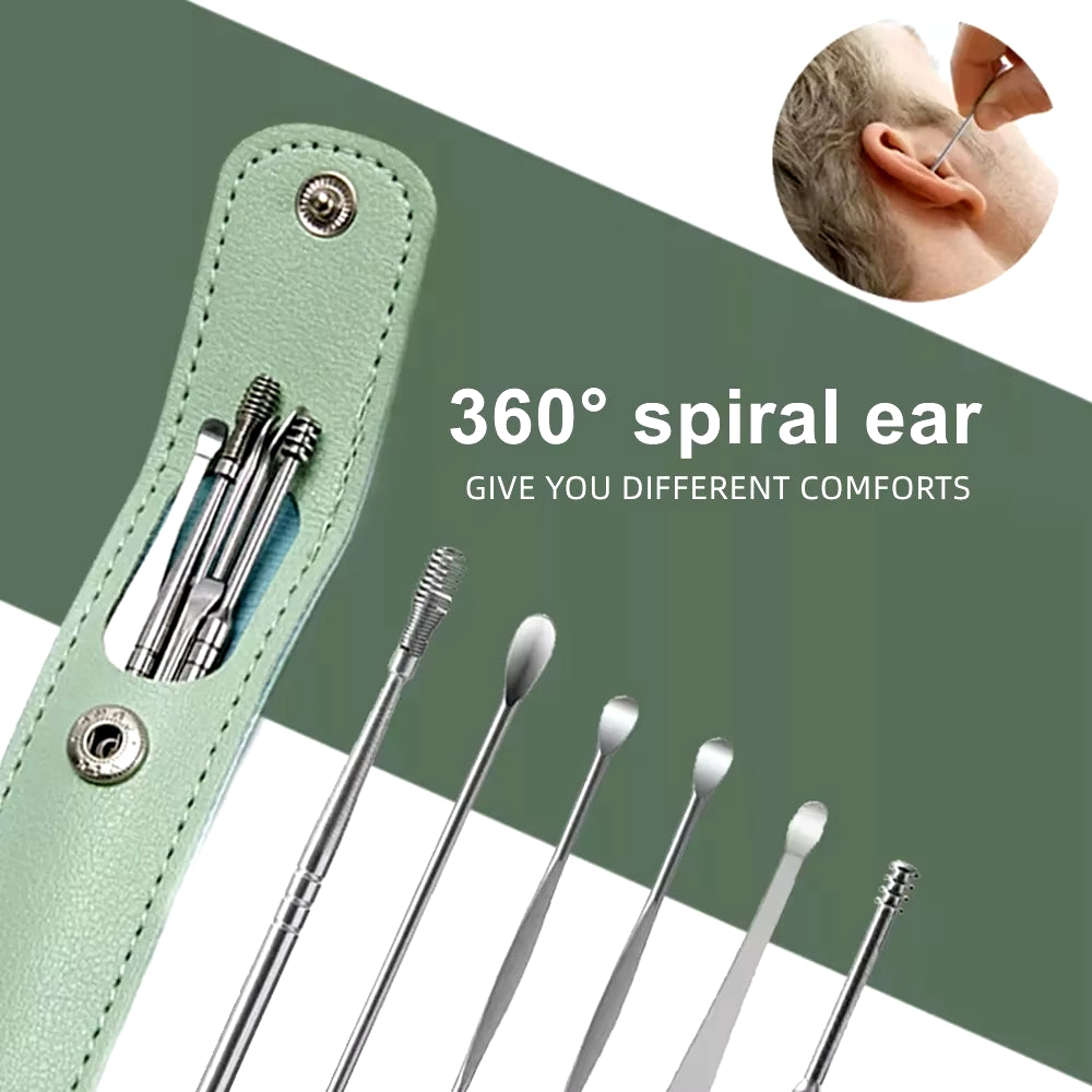 6Pcs/Set Ear Cleaner Ear Wax Pickers Stainless Steel Earpick Wax Remover Piercing Kit Earwax Curette Spoon Care Ear Clean Tools