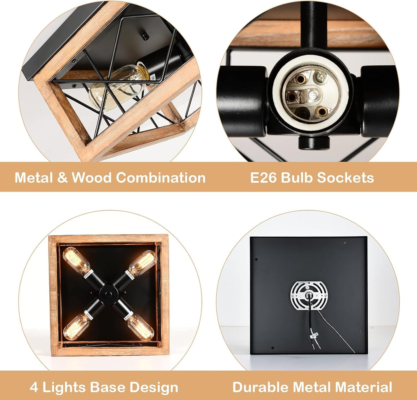 Wood Flush Mount Ceiling Light, 4 Lights Farmhouse Ceiling Light, Rustic Ceiling Light Fixture with E26 Socket, Industrial Close to Ceiling Llights for Kitchen Hallway Entryway Living Room