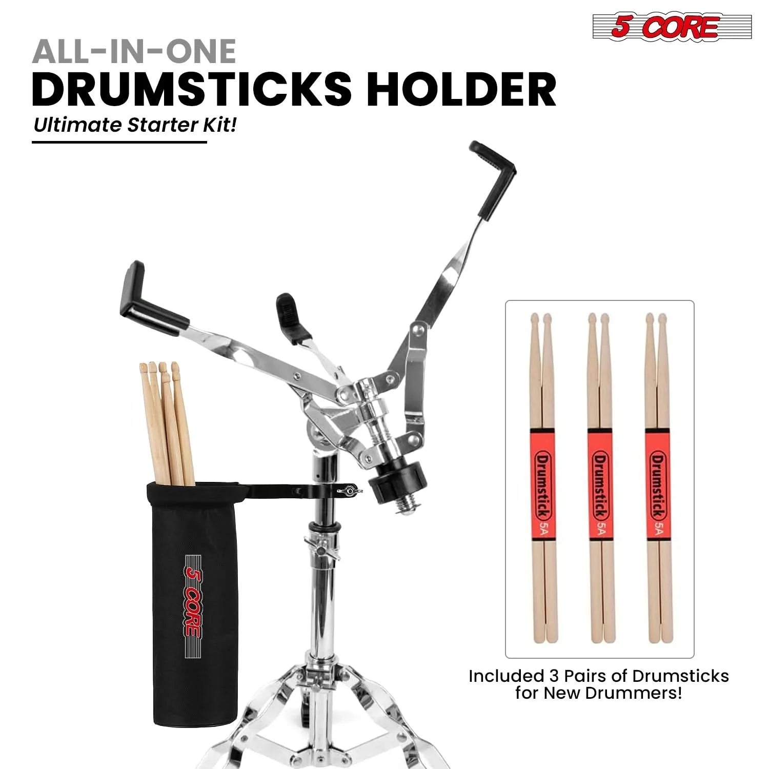 5 Core Drum Practice Pad Set 12" Adjustable Snare Drumming Stand Double Sided Silent Drummer Kit