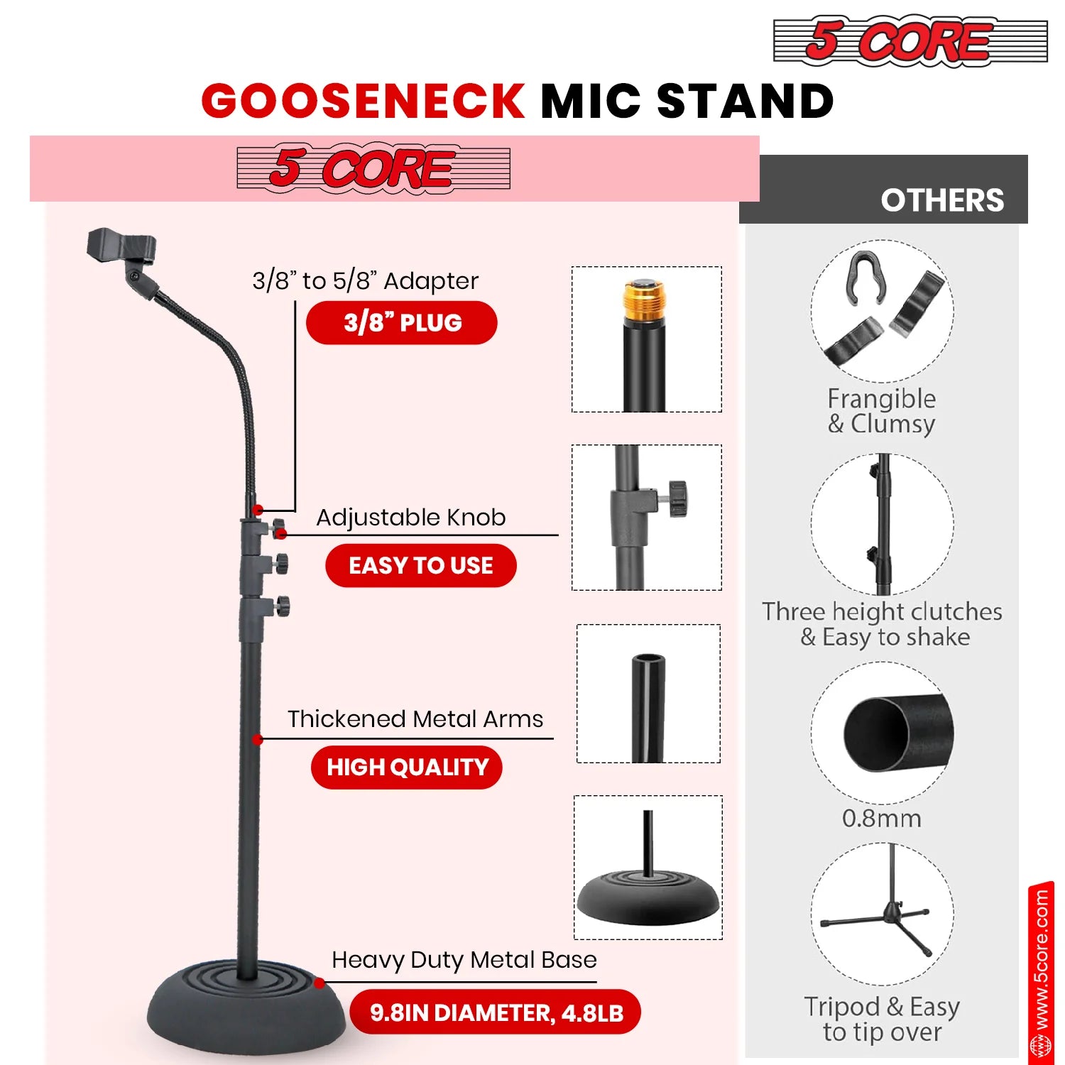 5Core Mic Stand Floor Adjustable Universal Heavy Duty Gooseneck Microphone Stands round Base Soporte De Micrófono