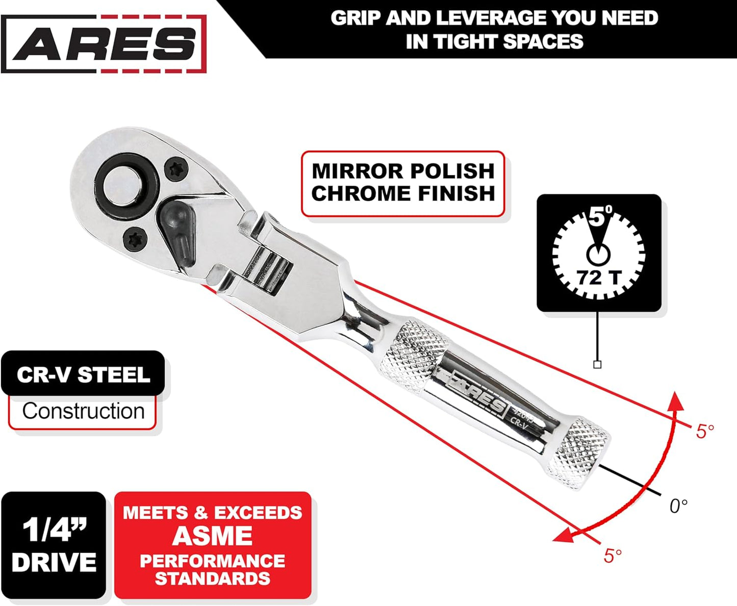 42043 - Flex Head Stubby Ratchet - 1/4-Inch Drive 72-Tooth Ratchet - Premium Chrome Vanadium Steel Construction & Mirror Polish Finish - Quick Release Reversible Direction Head Design