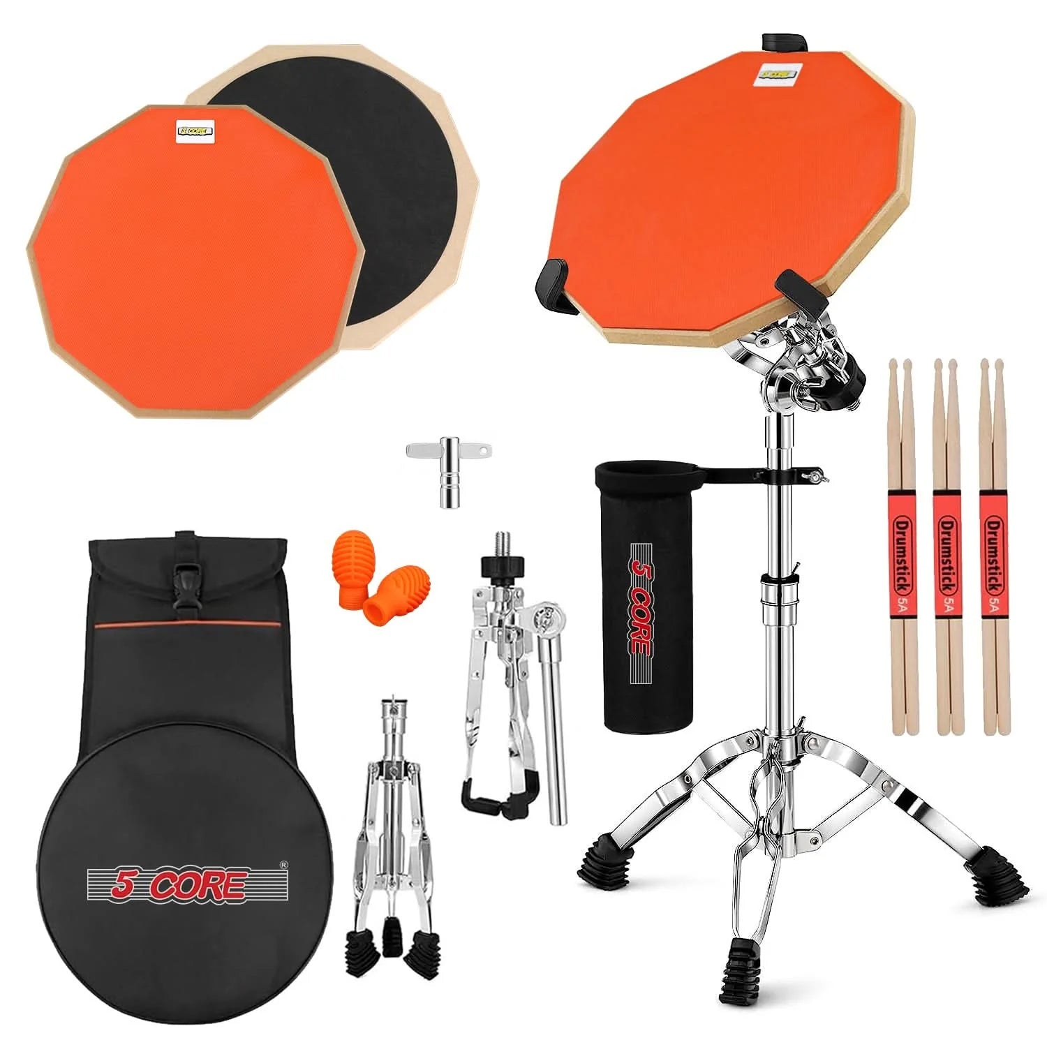 5 Core Drum Practice Pad Set 12" Adjustable Snare Drumming Stand Double Sided Silent Drummer Kit ORANGE