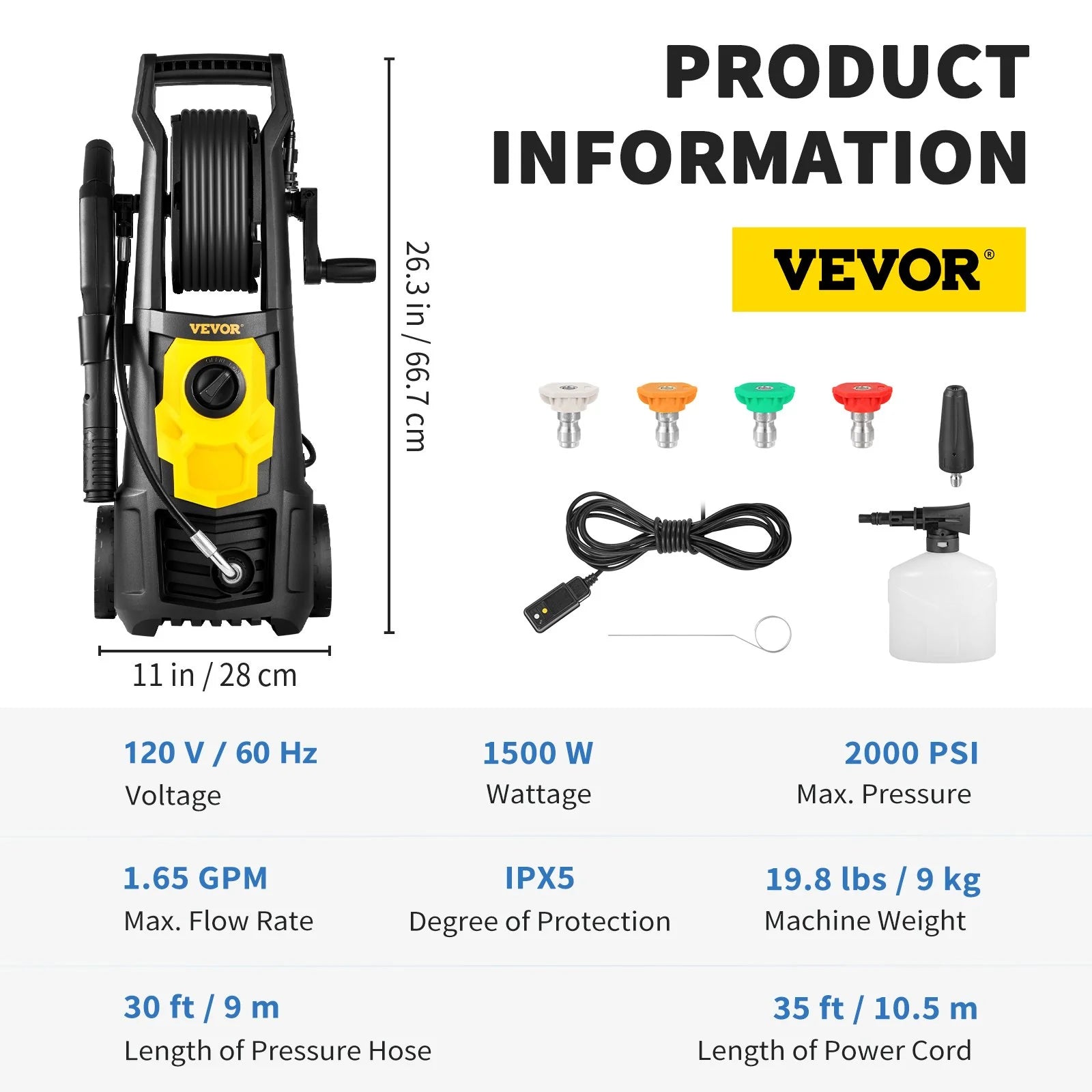 VEVOR Electric Pressure Washer, 2000 PSI, Max 1.65 GPM Power Washer W/ 30 Ft Hose & Reel, 5 Quick Connect Nozzles, Foam Cannon, Portable to Clean Patios, Cars, Fences, Driveways, ETL Listed