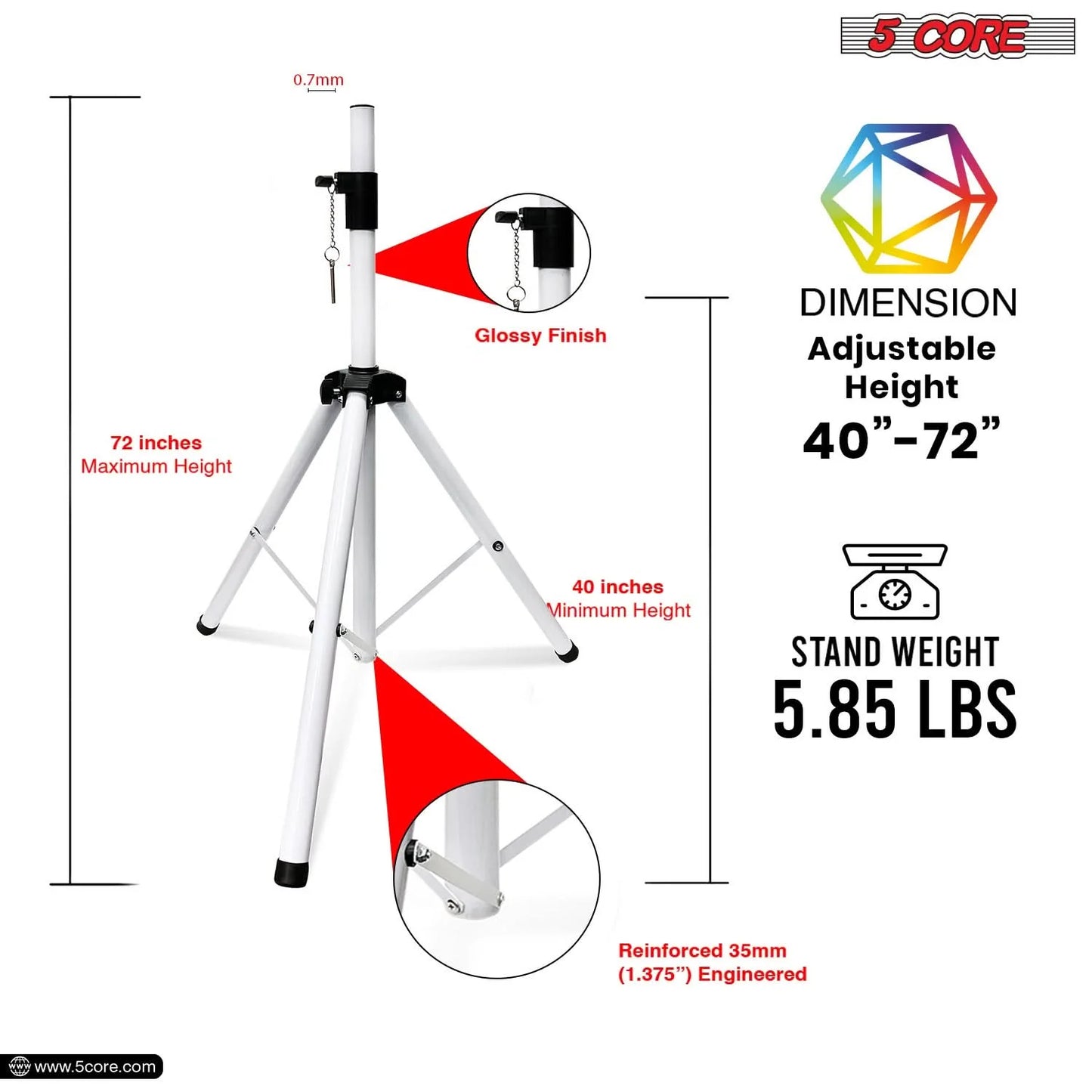 5Core Speaker Stand Tripod Tall Adjustable 72 Inch DJ Pole Mount Studio Monitor Stands WHITE