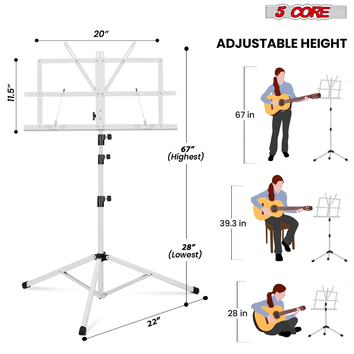 5Core Music Stand for Sheet Music Portable Tripod Adjustable Folding Note Holder with Light White