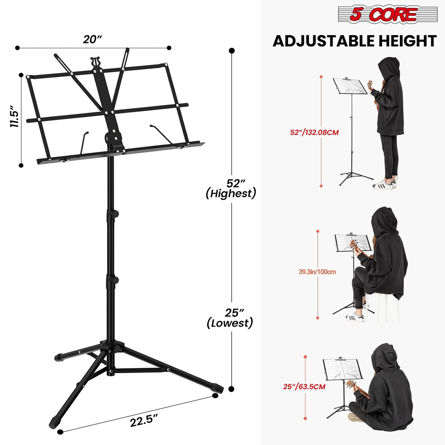 5Core Music Stand for Sheet Music Portable Tripod Adjustable Folding Note Holder BLACK