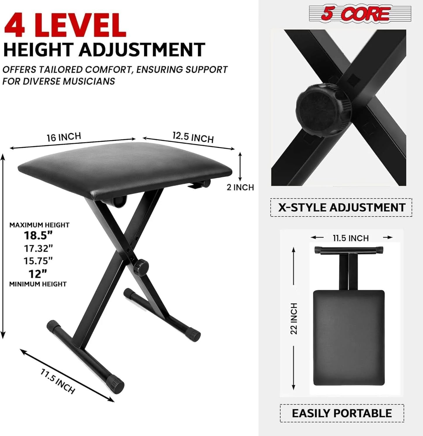 5Core Keyboard Stand Single X Style Adjustable Piano Riser + Keyboard Piano Bench