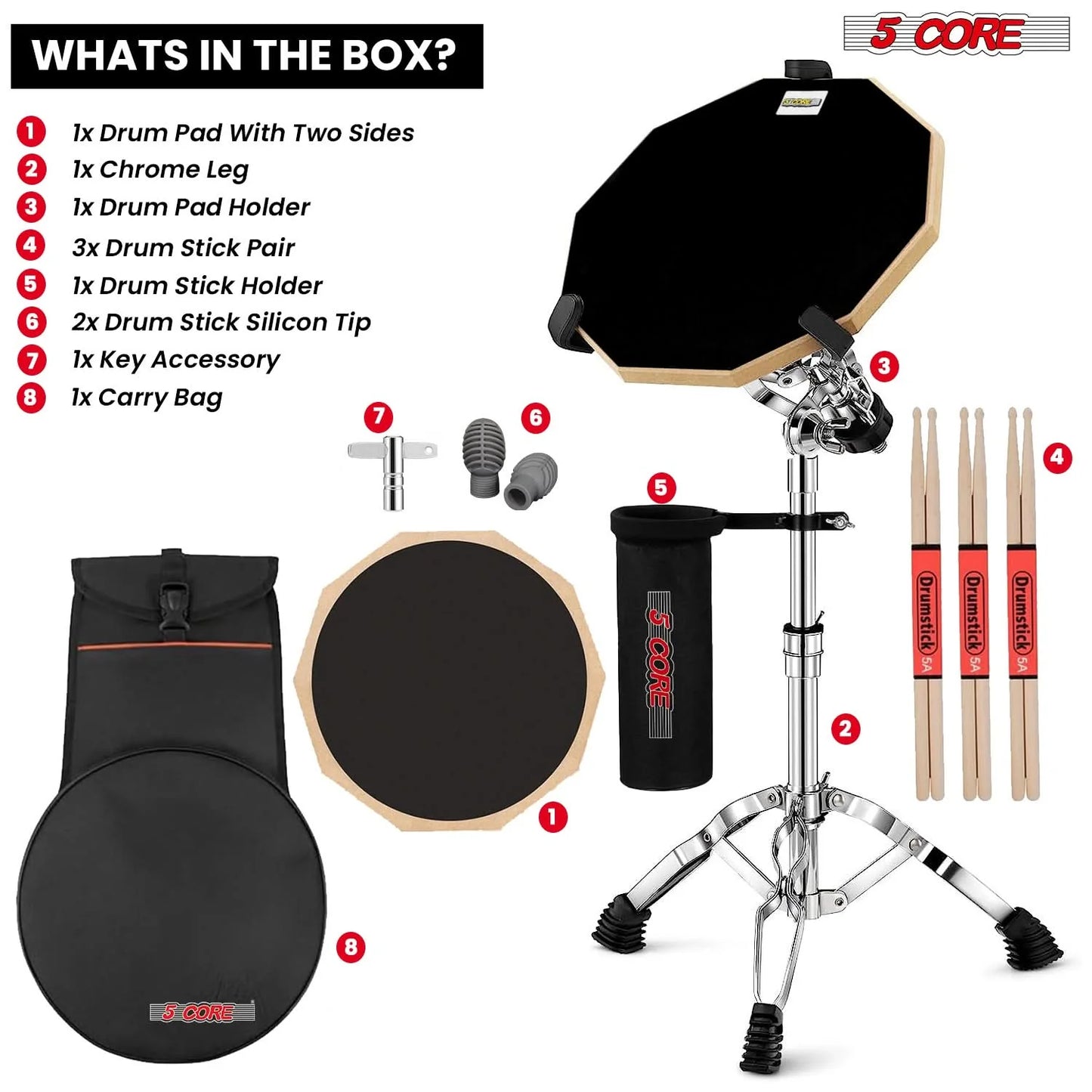 5 Core Drum Practice Pad Set 12" Adjustable Snare Drumming Stand Double Sided Silent Drummer Kit