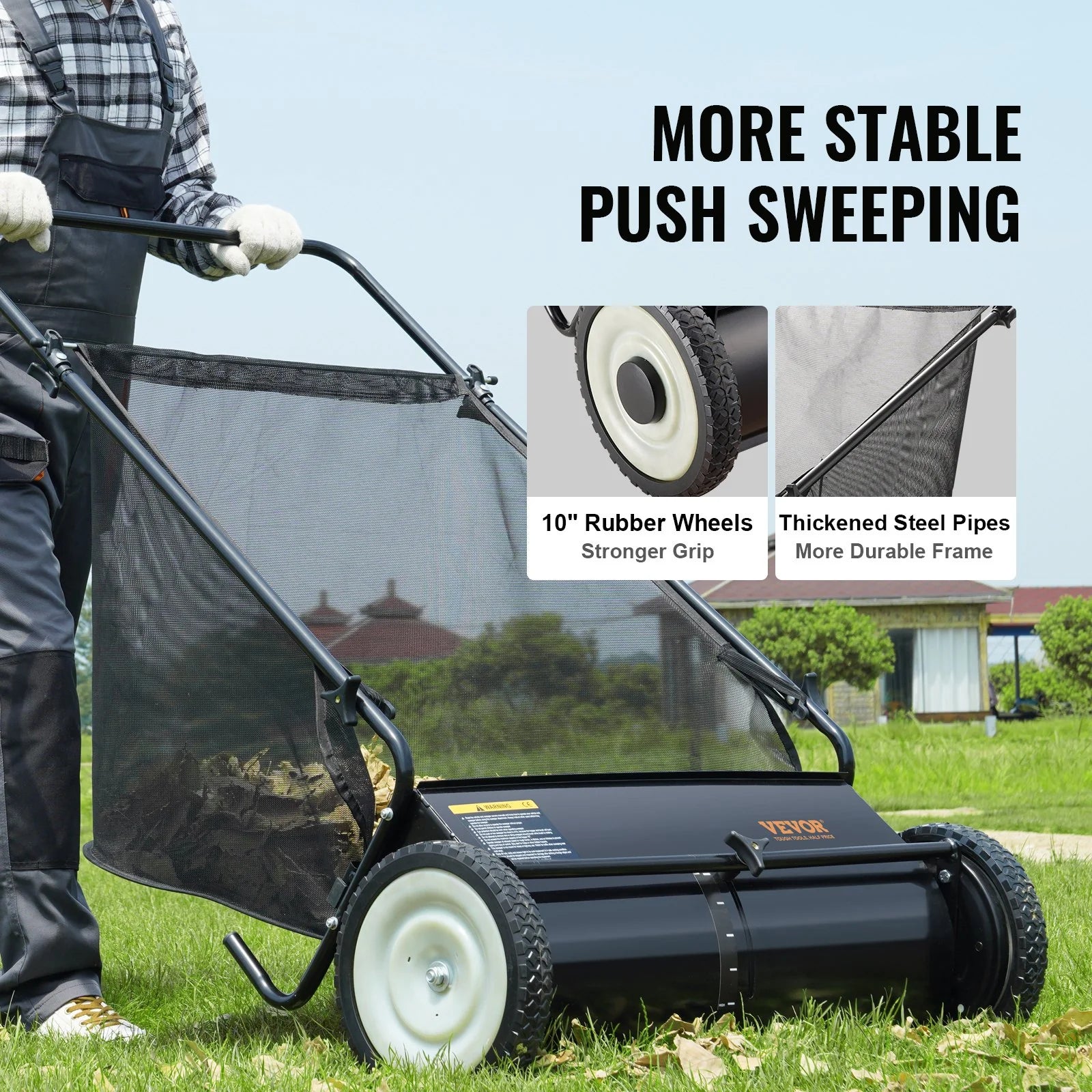 VEVOR Push Lawn Sweeper, 26 Inch Leaf & Grass Collector, Strong Rubber Wheels & Heavy Duty Thickened Steel Durable to Use with Large Capacity 7 Ft? Mesh Collection Bag, 4 Spinning Brushes