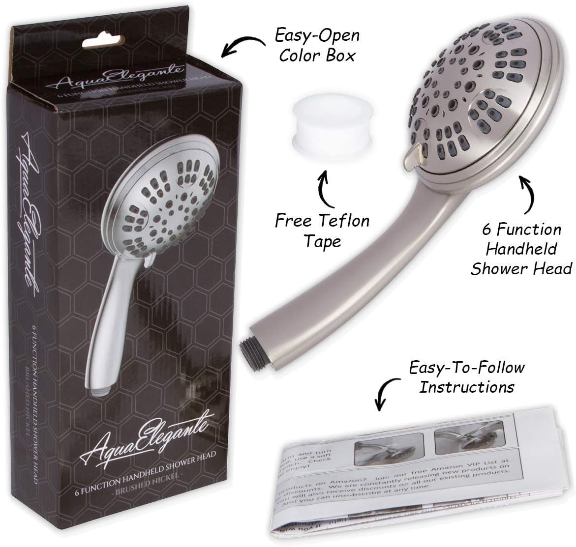 6 Function Luxury Handheld Shower Head - Adjustable Pressure Rainfall Spray with Removable Nozzle, Brushed Nickel