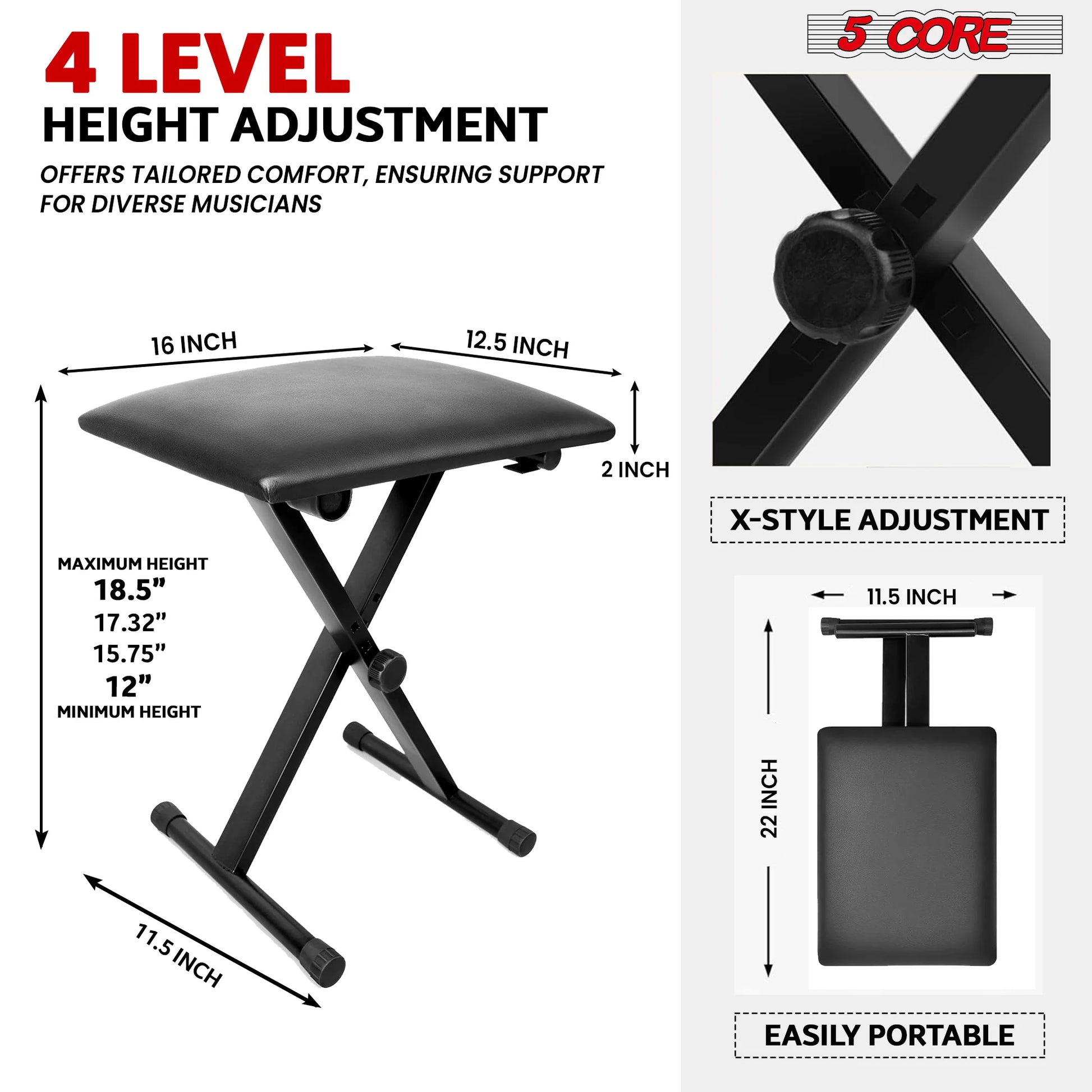 5Core Keyboard Stand Single X Style Adjustable Piano Riser + Keyboard Piano Bench