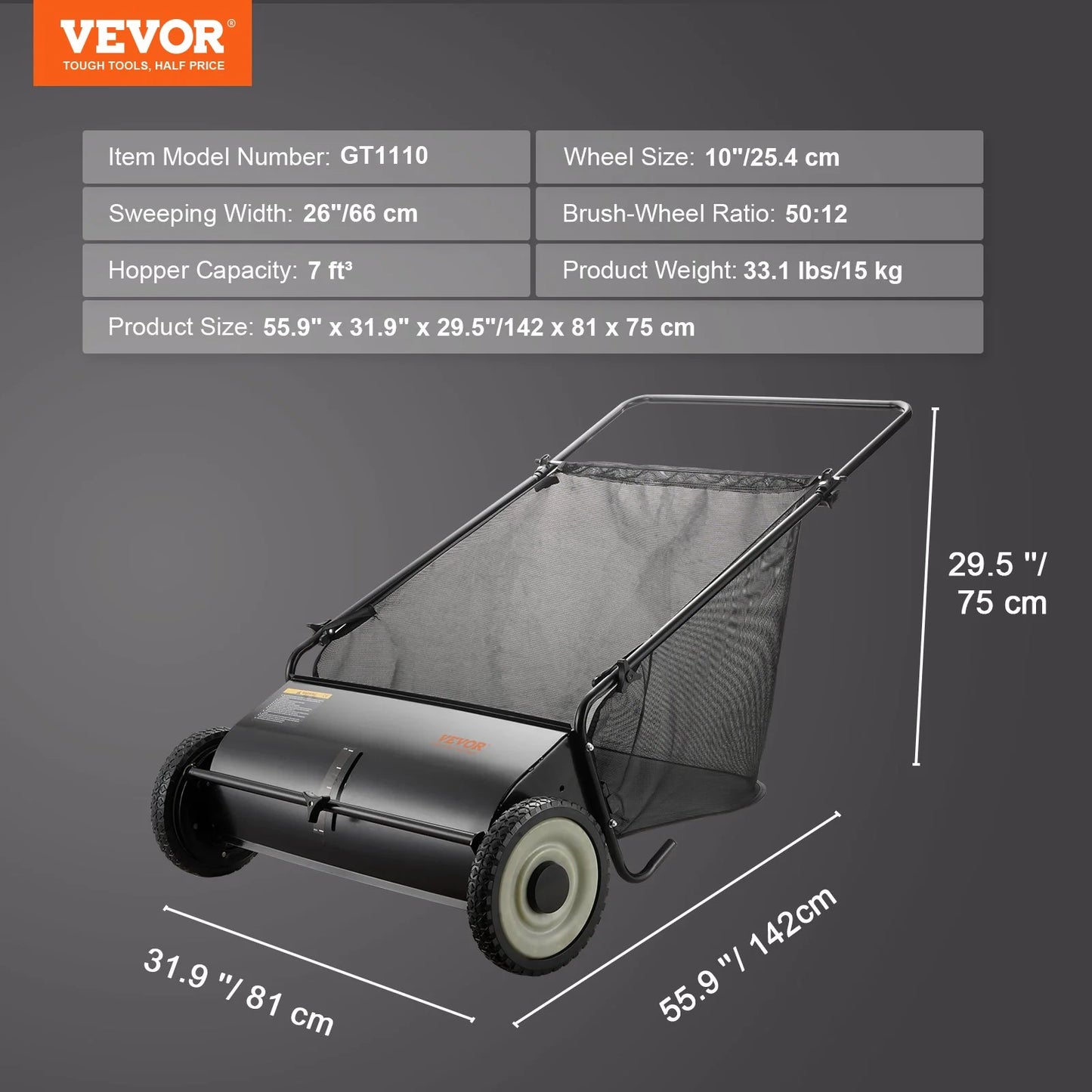 VEVOR Push Lawn Sweeper, 26 Inch Leaf & Grass Collector, Strong Rubber Wheels & Heavy Duty Thickened Steel Durable to Use with Large Capacity 7 Ft? Mesh Collection Bag, 4 Spinning Brushes